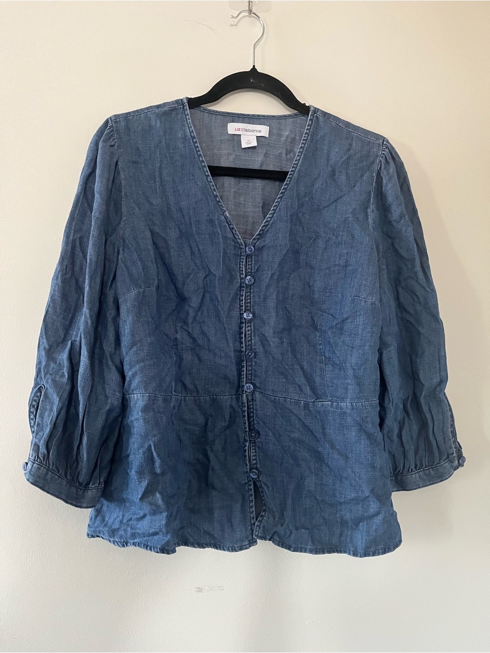 Liz Claiborne Chambray Peasant Blouse Medium Button Front Western Cottagecore